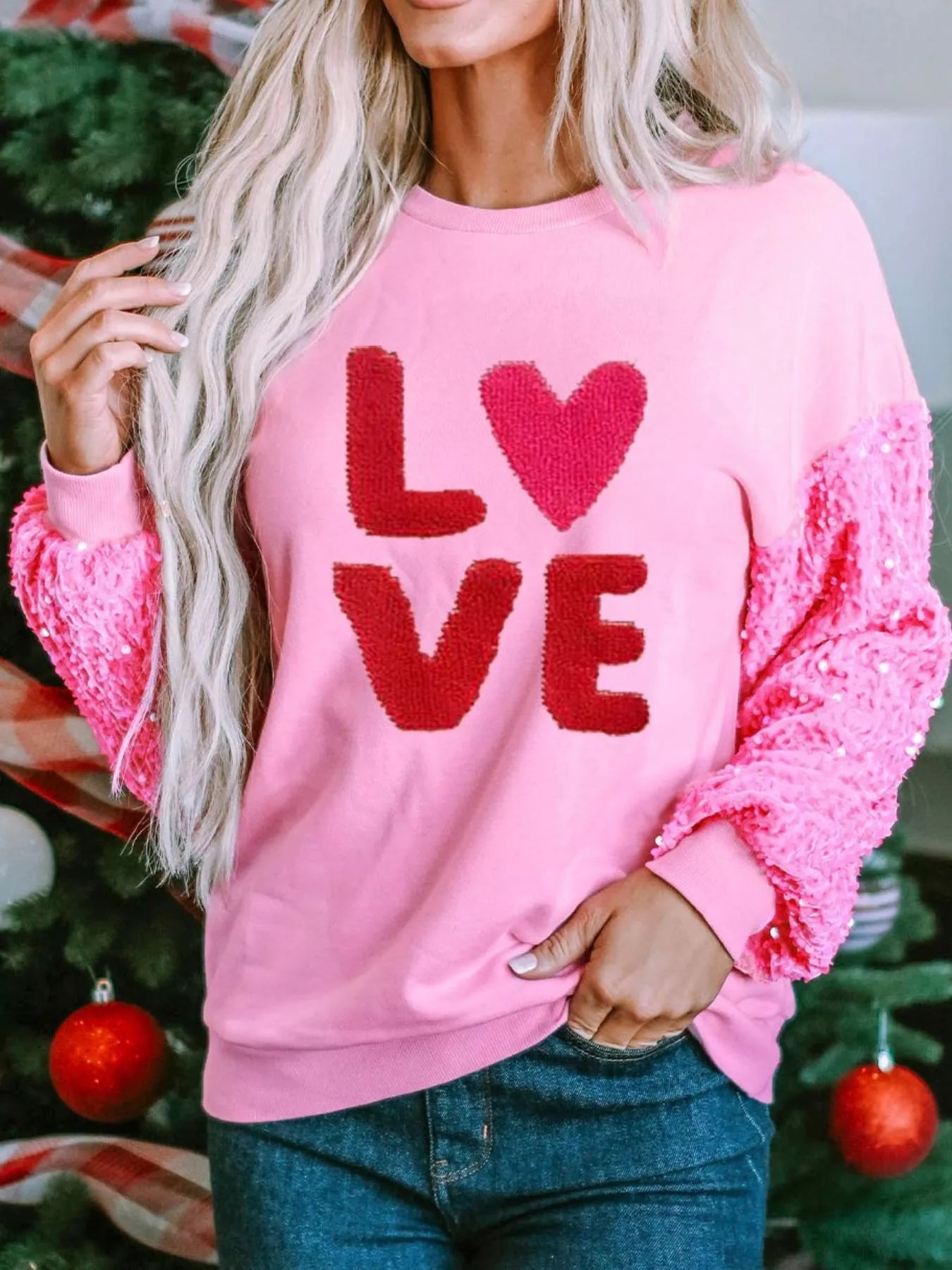 Sequin Round Neck Long Sleeve Sweatshirt