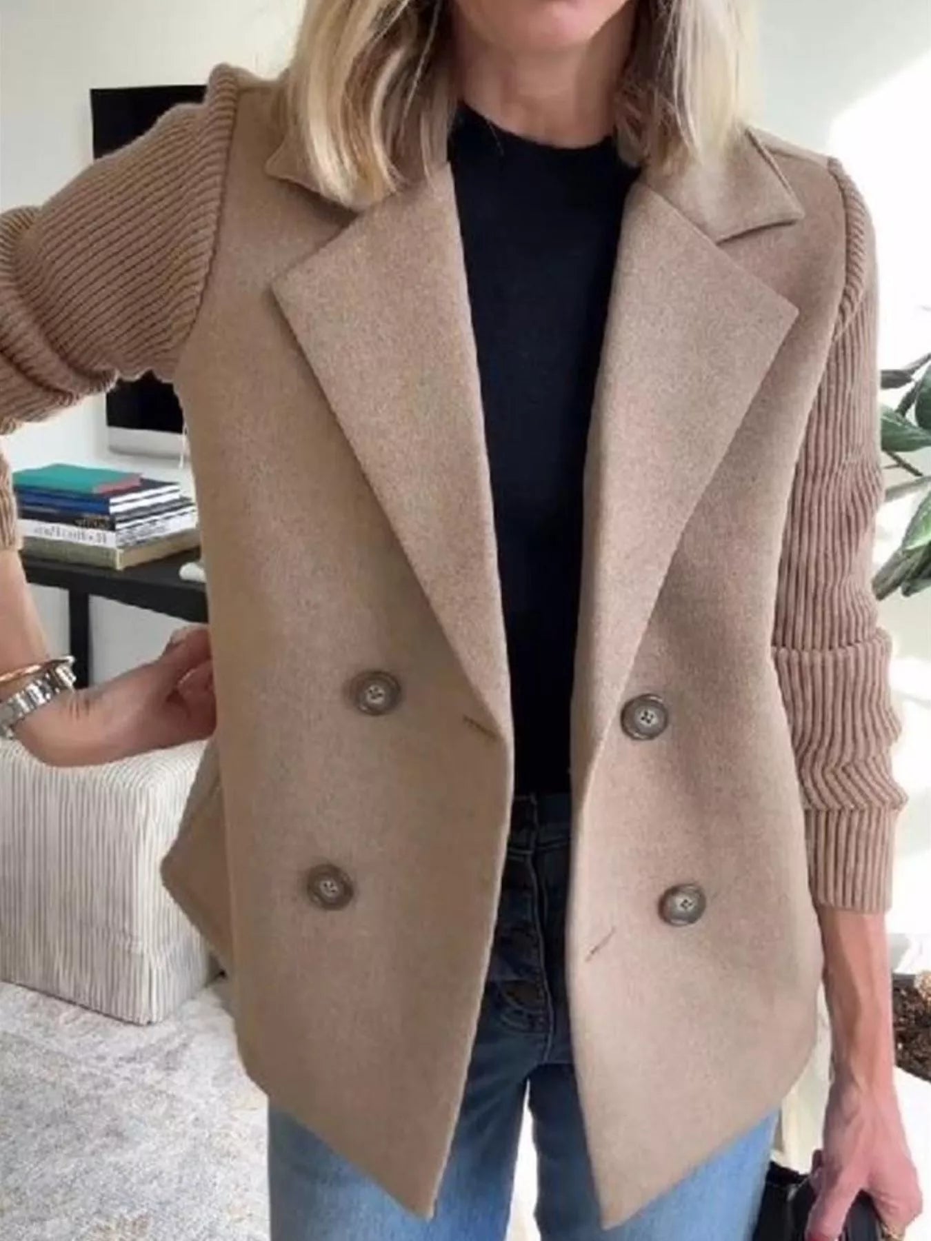 Full Size Knit Sleeve Double-Breasted Outerwear Plus Size
