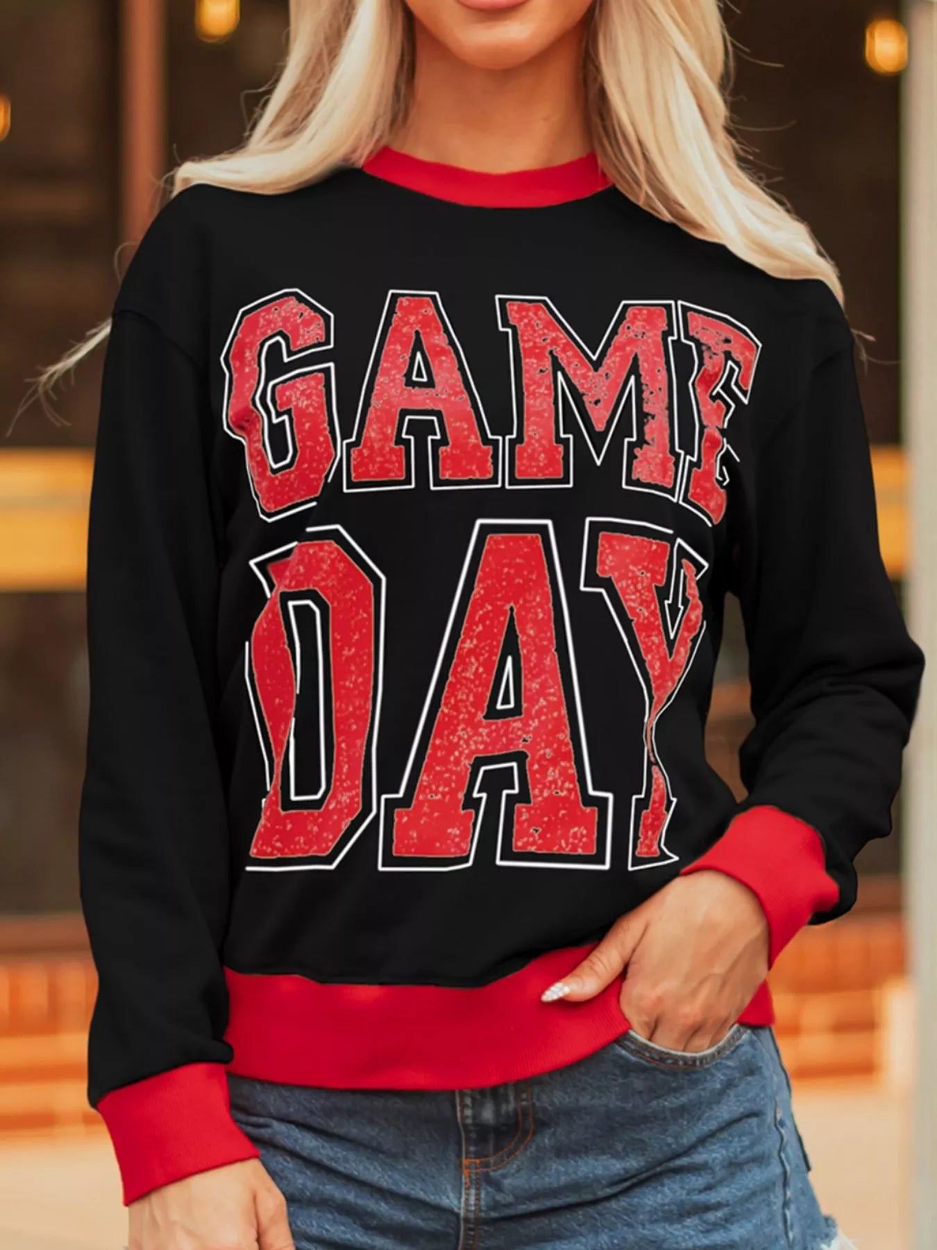 GAME DAY Letter Graphic Varsity Striped Detail Baggy Sweatshirt