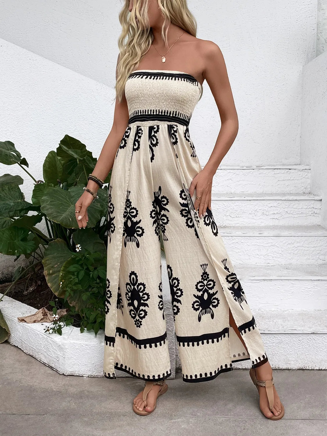 Smocked Printed Wide Leg Jumpsuit
