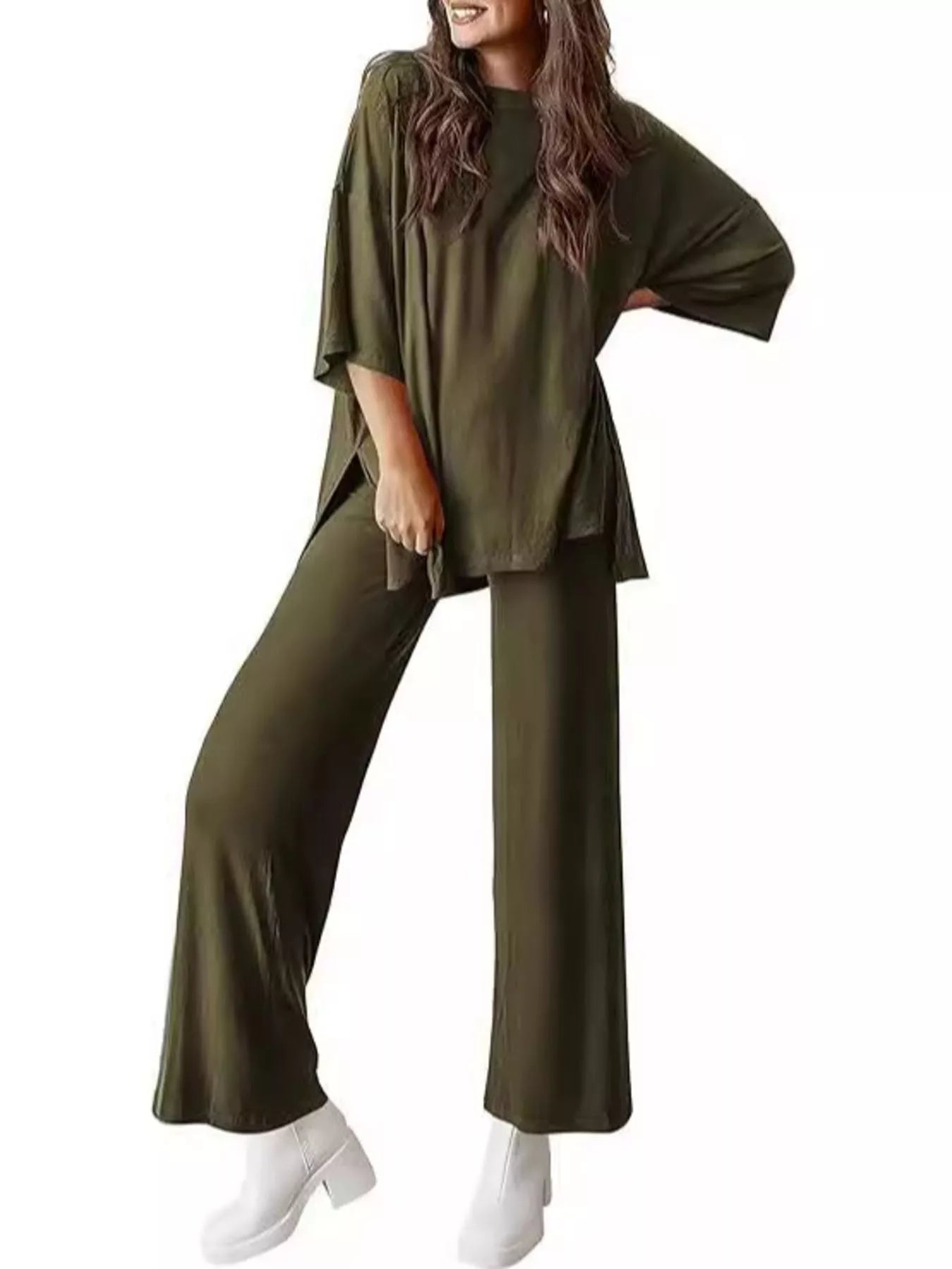 Relaxed Fit Round Neck Top and Pants Two-Piece Set