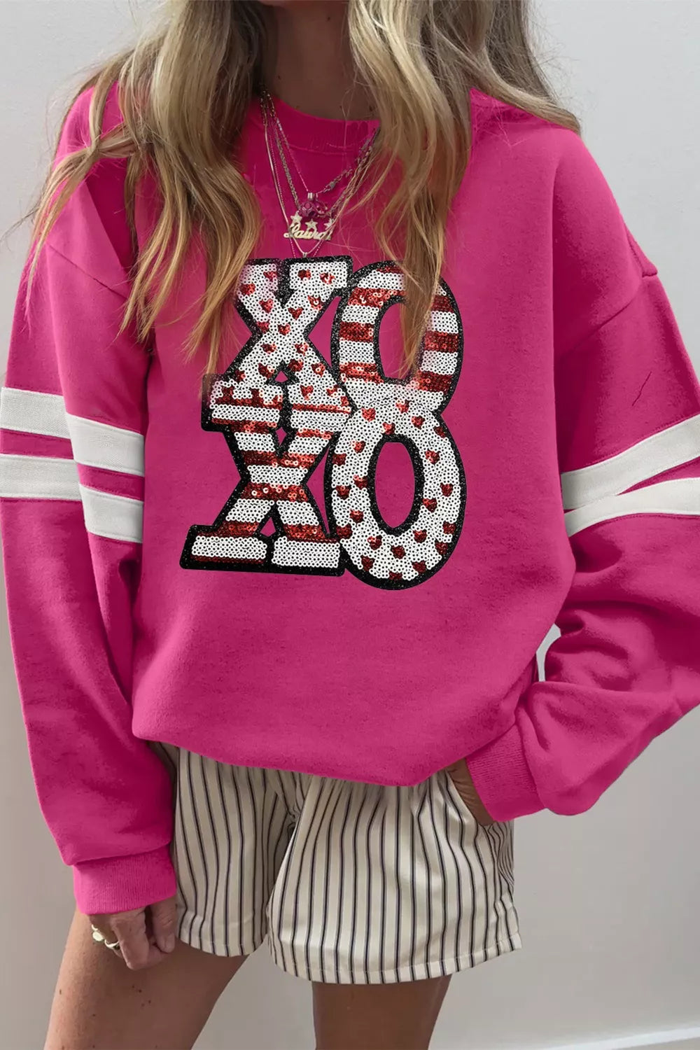Oversized Varsity Drop Shoulder Sequined XOXO Valentine Sweatshirt