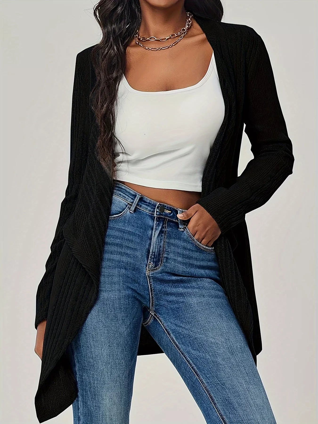 Ribbed Knit Open Front Cardigan
