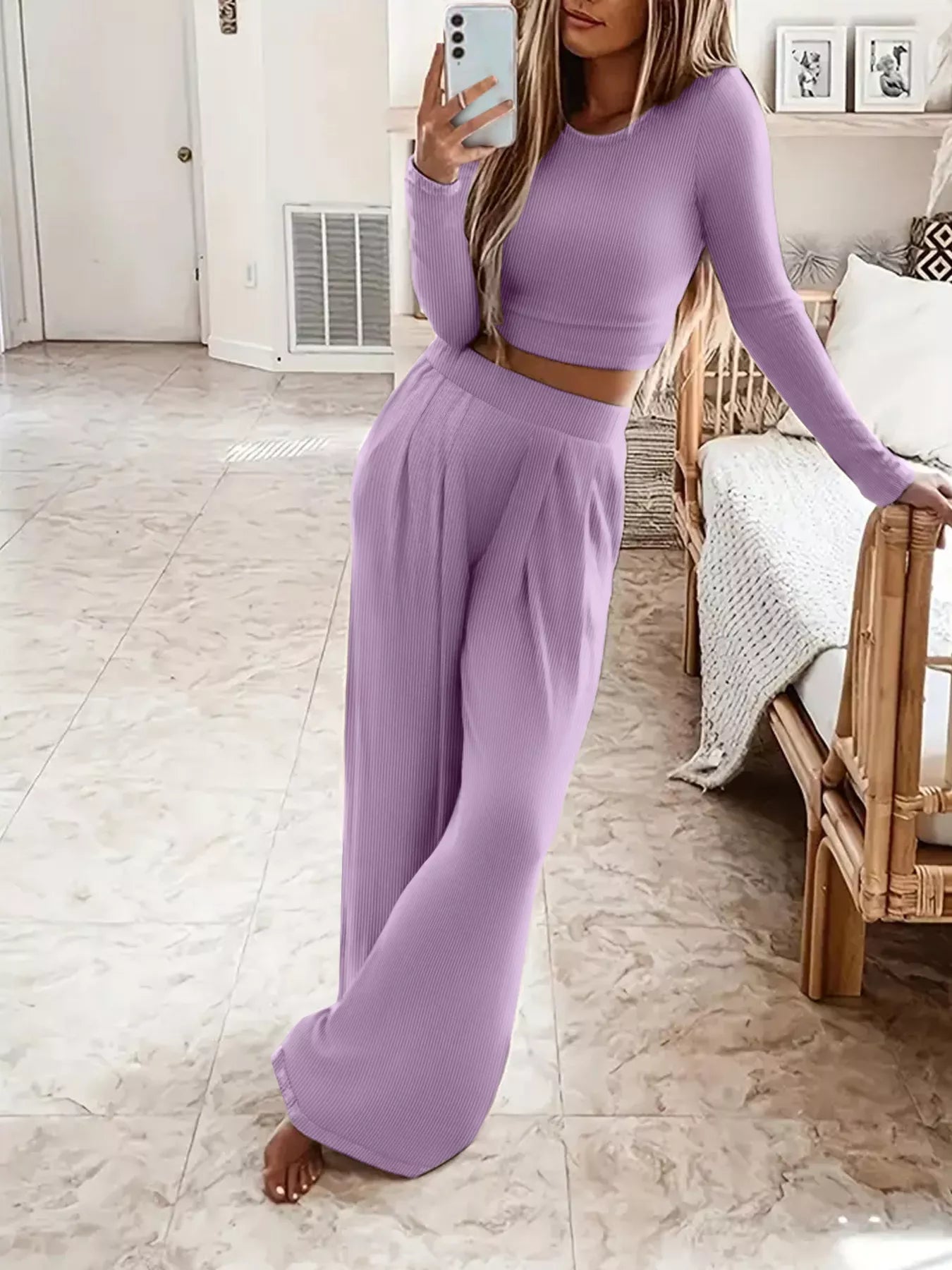 Casual Long Sleeve Crop Top and Wide Leg Pants Set