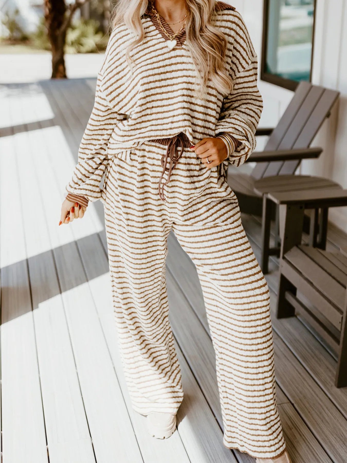 Stripe Collared Top and Drawstring Pant Set